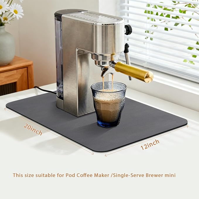 Coffee Mat 19x12 Inch, Dark Gray Coffee Maker Mat, Absorbent Hide Stain Rubber Backed Dish Drying Mat for Kitchen Counter, Bar Mats for Countertops, Under Coffee Bar Maker Machine Pot Espresso Staion
