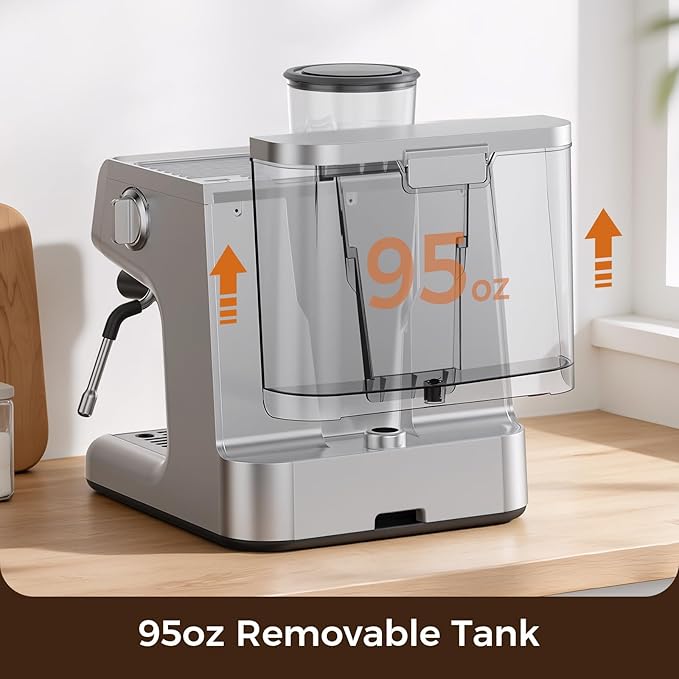 Espresso Machine with Grinder, 20 Bar Expresso Coffee Machines, Professional Coffee Maker for Latte & Cappuccino with Milk Frother, Expresso Machines for Home, Removable Water Tank, Steam Wand-Silver
