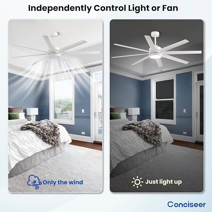 Modern Ceiling Fans with Lights, 65 Inch Ceiling Fan with Light and Remote for Bedroom Living Room Kitchen Office, Indoor/Outdoor Use, 24W 6CCT 8 Blades 6 Speed Reversible Quiet DC Motor, White