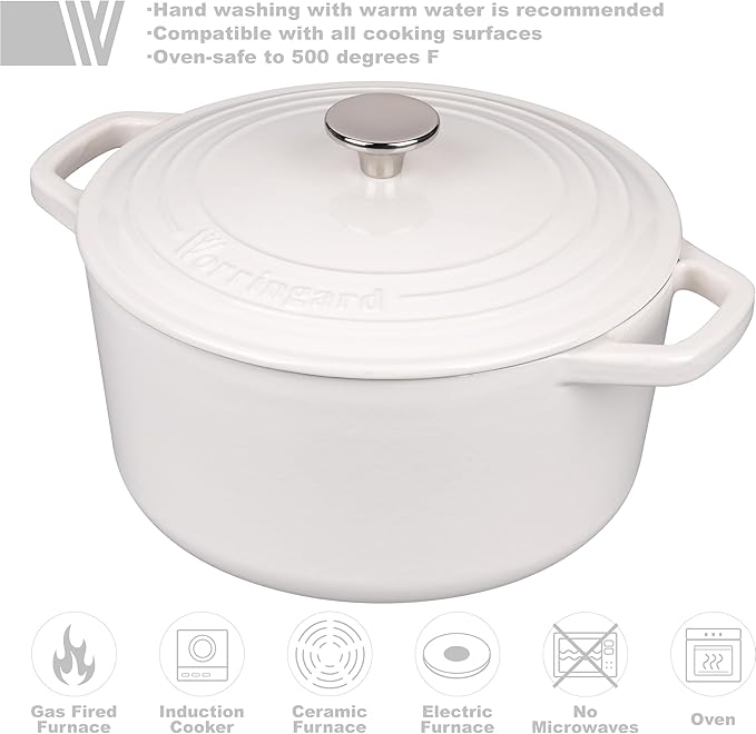 VORRINGARD Enameled Cast Iron Dutch Oven Pot with Lid, for Bread Baking, Round Bread Oven- include Sourdough Bread Baking Supplies Set, 6QT, White