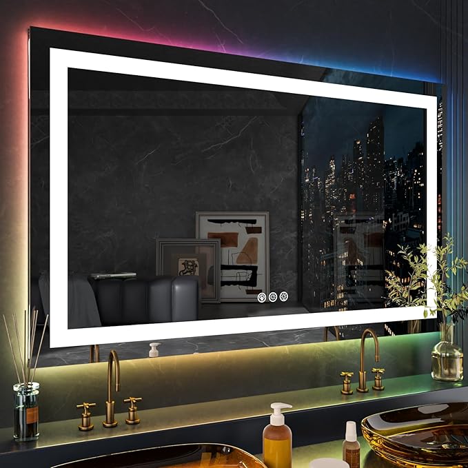 LOAAO 72"X36" RGB LED Bathroom Mirror with Lights, Anti-Fog, Dimmable, Lighted Bathroom Vanity Mirror, Multiple Light Modes, RGB Backlit + Front Light, Memory Function, Tempered Glass, ETL Listed