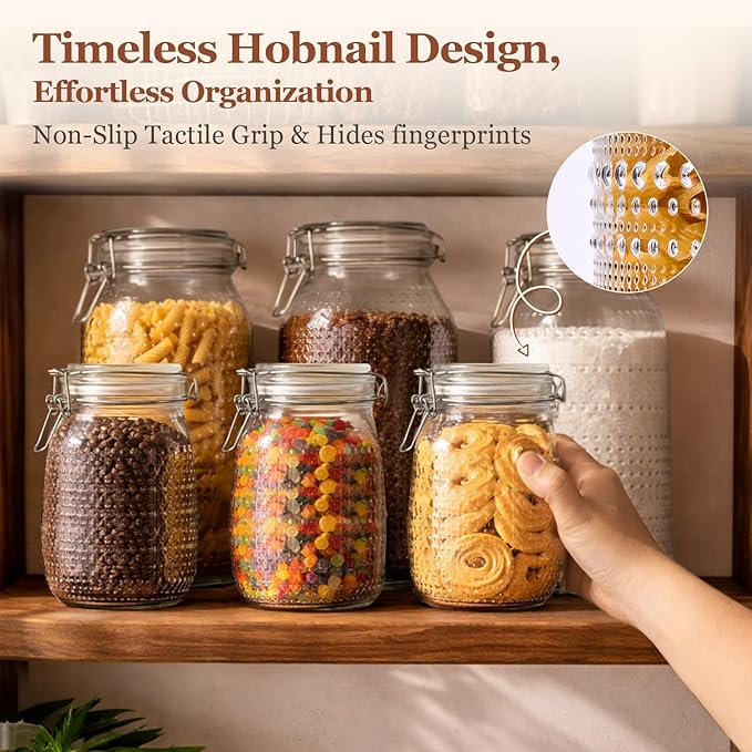 ComSaf 34oz / 6 Pack Glass Food Storage Jars with Airtight Lids, Vintage Hobnail Pattern Wide Mouth Canister Set for Pantry Organization, 1000ml Clear Containers for Coffee, Beans, and Snacks