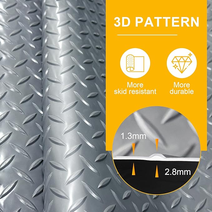 4x6FT Garage Floor Mat, 2.8mm Thickened Flooring Roll for Under Car, Golf Cart Parking Mat, Diamond Plate PVC Rubber Motorcycle Mat, Non-Slip Floor Protector for Garage Warehouse Trailer, Grey