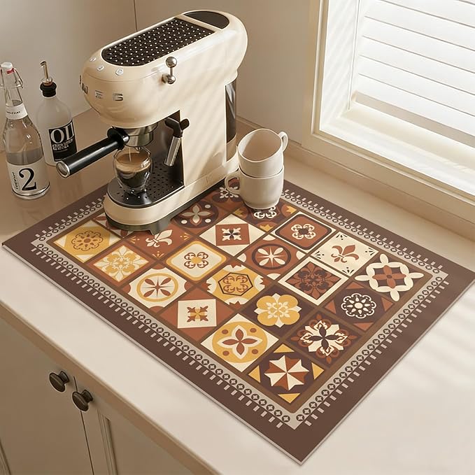 Bohemian Style Dish Drying Mat Coffee Maker Mat, Non-slip & Easy to Clean, Kitchen Mat for Dishes, Utensils, Pots and Pans (Whimsical Boho C)