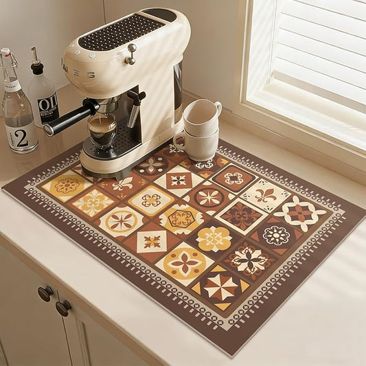 Bohemian Style Dish Drying Mat Coffee Maker Mat, Non-slip & Easy to Clean, Kitchen Mat for Dishes, Utensils, Pots and Pans (Whimsical Boho C)