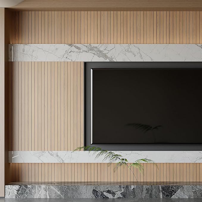 Yutianli PVC Slat Wall Panel Peel and Stick 236"x 15.7" Faux Wood Slat Panel Artificial Oak Wood Grain Self-Adhesive Soundproof 3D Wall Panel for Walls and Ceilings