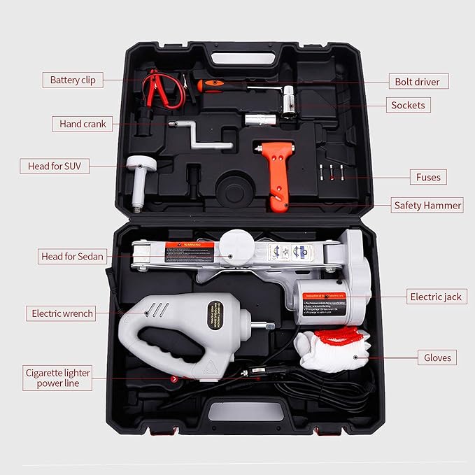 Trihelper Electric Car Jack Kit 12V Trailer Floor Jack Stands Set 3 Ton Vehicle Scissor Car Lift for Tire Change and Road Emergency with Impact Wrench