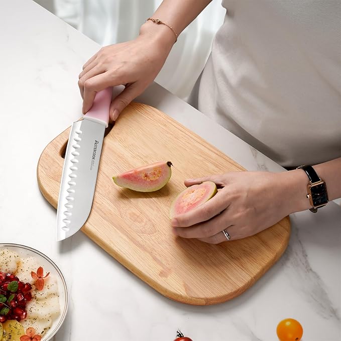Astercook Knife Set, Kitchen Knives Set with Block and Sharpener 15 Pcs German Stainless Steel Knives Sharp Blade Dishwasher Safe Deba Knives with Ergonomic Handle, Crystal Pink Mothers Day Gifts