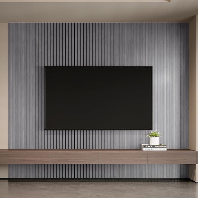 YLL YLL PVC Slat Wall Panel Peel and Stick 118"x 15.7" Faux Grey Wood Grain Slat Panel Self-Adhesive Wallpaper Soundproof 3D Wall Panels