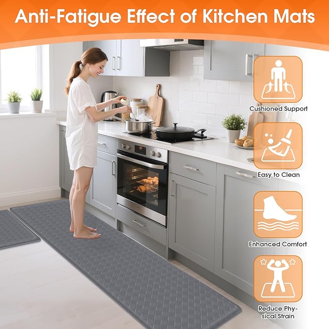 TranquilRelax 2-Piece Anti-Fatigue Kitchen Mats, Cushioned Non-Slip Waterproof Sink & Stove Floor Mats, Comfortable Standing Rug Set for Kitchen, Laundry & Entryway, Grey
