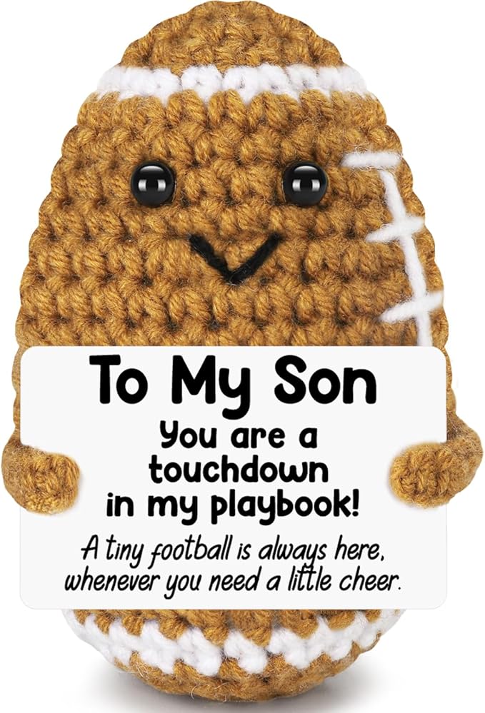 BiuNiuring Mini Funny Son Fathers Day Birthday Gifts from Mom Dad, Handmade Crochet Graduation Gifts for Teens Boys, Positive Football Doll Cheer Up with Inspirational Card Gift for Adults Son in Law