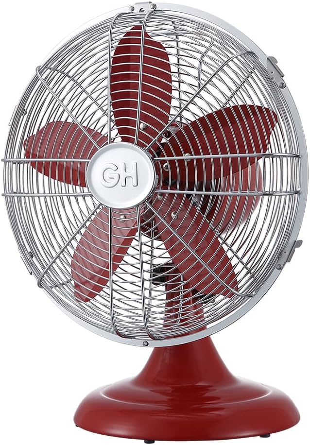 Good Housekeeping 92611 All-Metal 12" Retro Desk Office Table Fan with Wide Oscillation, 3-Speed Settings & Carrying Handle, Crimson Red