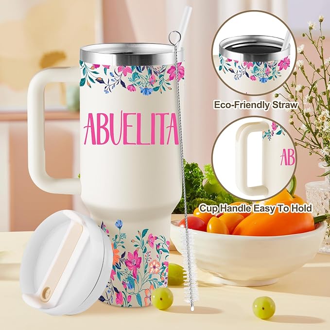 ROSTANTEN Abuelita Gifts Mothers Day Gifts for Abuelita Regalos Para Abuelita Feliz Cumpleaños Abuelita Abuela Gift for Birthday Christmas 40oz Travel Cup Insulated Tumbler with Lid & Straw