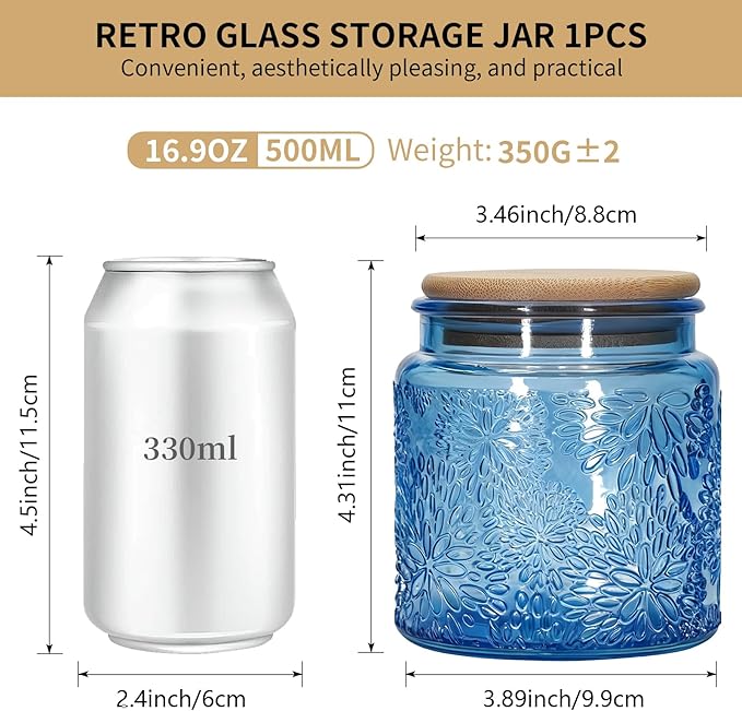 1Pc Snowflakes Style Vintage Glass Candy Jar with Airtight Bamboo Lid, Kitchen Storage Canister for Sugar, Coffee, Tea, Cookies, Bath Salt - Decorative Mason Jar for Pantry & Counter (1, Blue, 17oz)