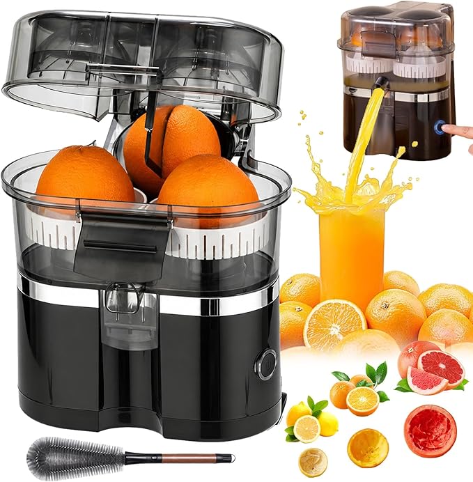 Dual-Head Automatic Citrus Juicer, Electric Citrus Juicer with Power Cord and Cleaning Brush, 1-Button Orange Lemon Lime Squeezer, Detachable Easy Clean Juicers Machine for Kitchen (Black)