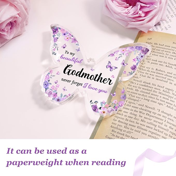 Godmother Gifts, Unique Purple Butterfly Acrylic Plaque Desk Decor, Mothers Day Christmas Birthday Gift for God Mother God Mom, Godmother Proposal Gifts - 5 x 3.8 x 0.5 inches