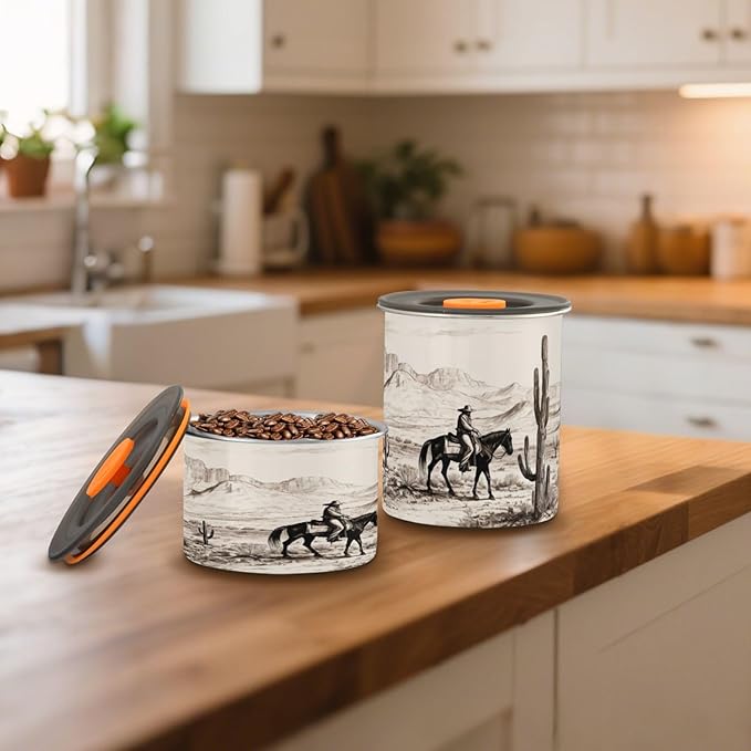 Coffee Canister Western Cowboy Theme Airtight Stainless Steel Coffee Container, 30 OZ Food Storage Container for Coffee Beans, Ground, Sugar, Tea, Flour, Rice