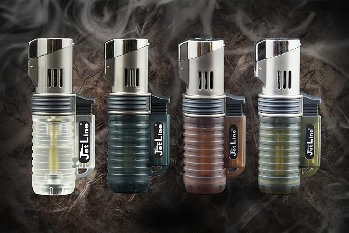 Jetline Pocket Torch Single Flame (4PK) - Extra Larger Burner Jet Flame Cigar Lighter with Easy Flame Adjust