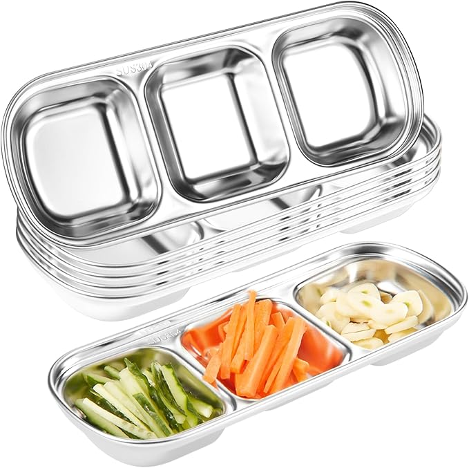 Maxcheck 6 Pcs Soy Sauce Dish Stainless Steel Divided Dip Bowls Korean 3 Compartment Sauce Plate Seasoning Dipping Condiment Tray for BBQ Vinegar Spice Salt Sugar Flavor Home Restaurant (Silver)