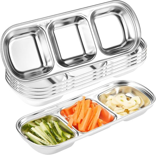 Maxcheck 6 Pcs Soy Sauce Dish Stainless Steel Divided Dip Bowls Korean 3 Compartment Sauce Plate Seasoning Dipping Condiment Tray for BBQ Vinegar Spice Salt Sugar Flavor Home Restaurant (Silver)