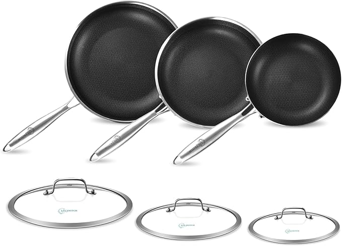 LOLYKITCH Frying Pan Set Nonstick, 8/10/12 Inch Stainless Steel Skillet with Detachable Handle and Glass Lids, Induction & Oven Safe, Professional Non-Toxic PFOA Free Pans for Everyday Cooking