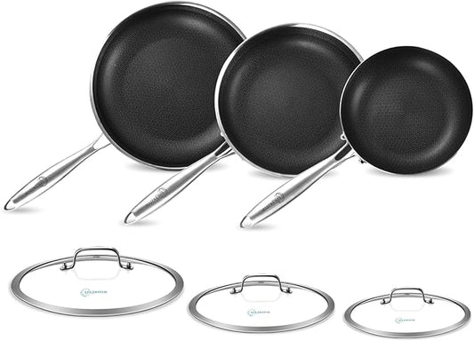 LOLYKITCH Frying Pan Set Nonstick, 8/10/12 Inch Stainless Steel Skillet with Detachable Handle and Glass Lids, Induction & Oven Safe, Professional Non-Toxic PFOA Free Pans for Everyday Cooking