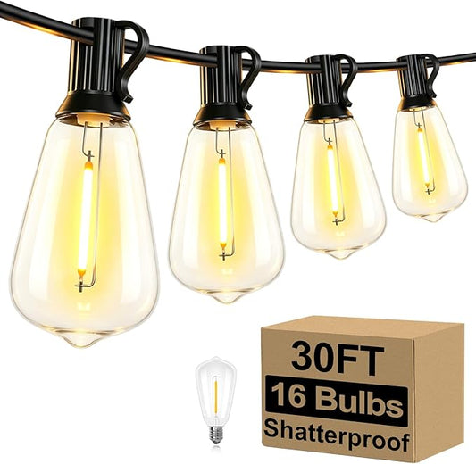 Brightever 30FT LED Outdoor String Light with 16 ST38 Vintage Edison Shatterproof Bulbs, Commercial Grade Patio Lights Connectable, Waterproof Hanging Lights for Balcony, Backyard, Warm White