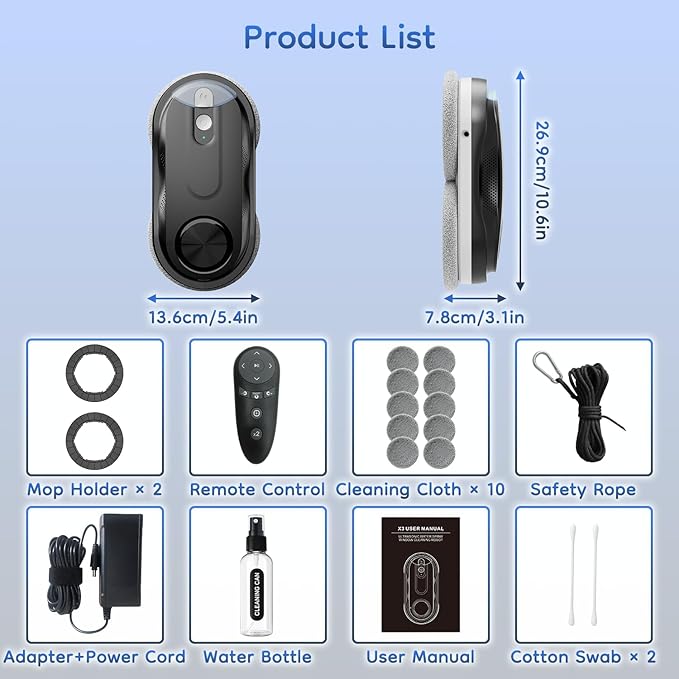 KKI Window Cleaning Robot, Automatic Window Cleaner Robot, Dual Spray, Max 3200Pa, AI Path Planning & Edge Detection, Remote Control for High-Rise Windows, Indoor/Outside,8Cloths
