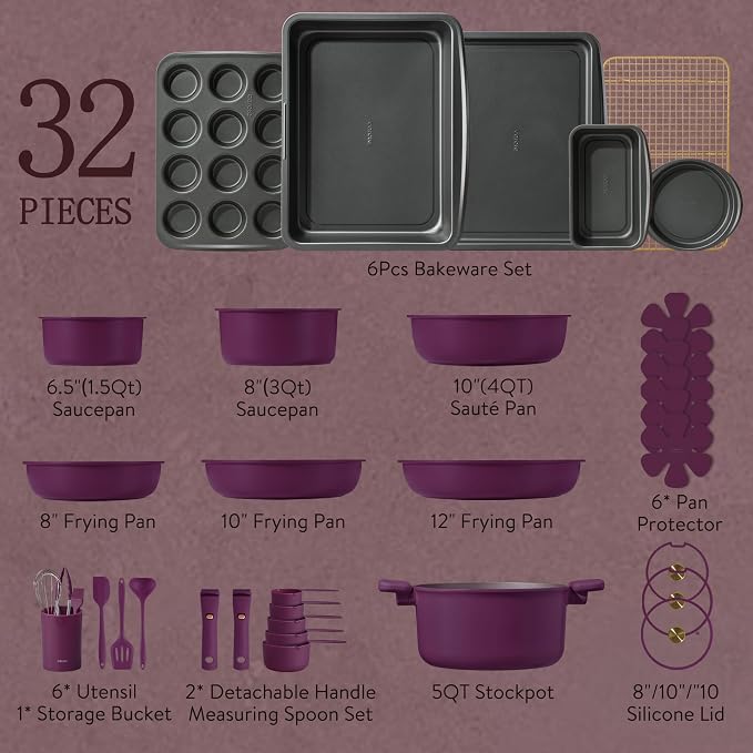 CAROTE 32pcs Pots and Pans Set Non Stick, Detachable Handle Cookware Sets | Bakeware and Kitchen Gadgets, Space Saving, Dishwasher & Oven Safe, Non-Toxic, for Camping/RV/Traveling, Purple