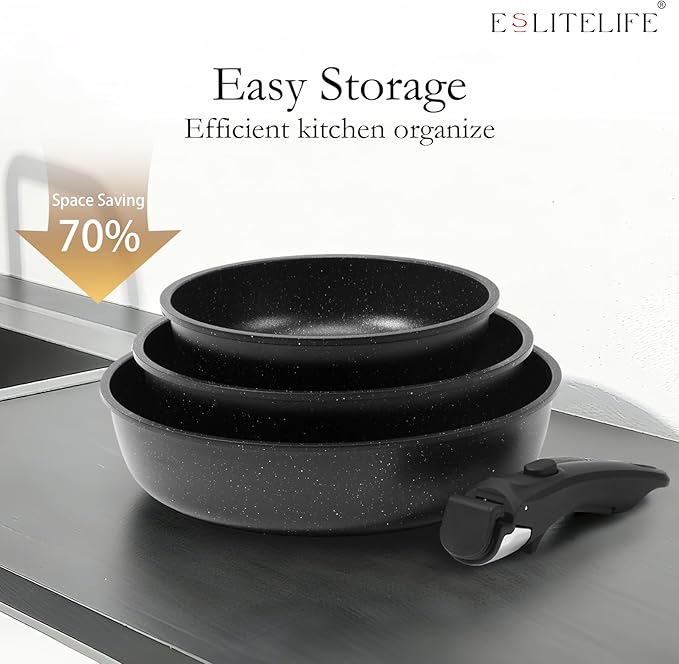 ESLITE LIFE Nonstick Ceramic Frying Pans Skillets Set with Lids & Detachable Handle, Non-Toxic Egg Omelette Kitchen Cooking Pans Compatible with All Stovetops, PTFE & PFOA Free, Black, 7-Piece