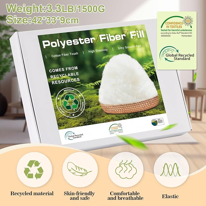 3.3 LB/1500G Pillow Stuffing, Premium Polyfill Stuffing Polyester Fiberfill Stuffing for Stuffed Animals, GRS Certified Cushion Filler for Sofa, Poly Filling Stuffing with Bag