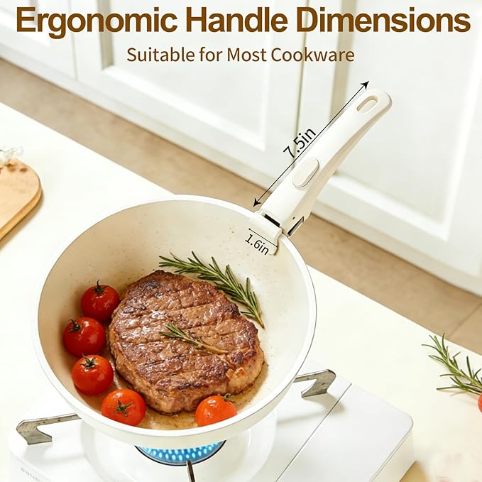 Removable Pot and Pan Handle - Detachable Cookware Handle with Quick-Release Button, Space-Saving Universal Handle for Most Cookware, Sturdy & Durable, Ivory White, 2 Pack