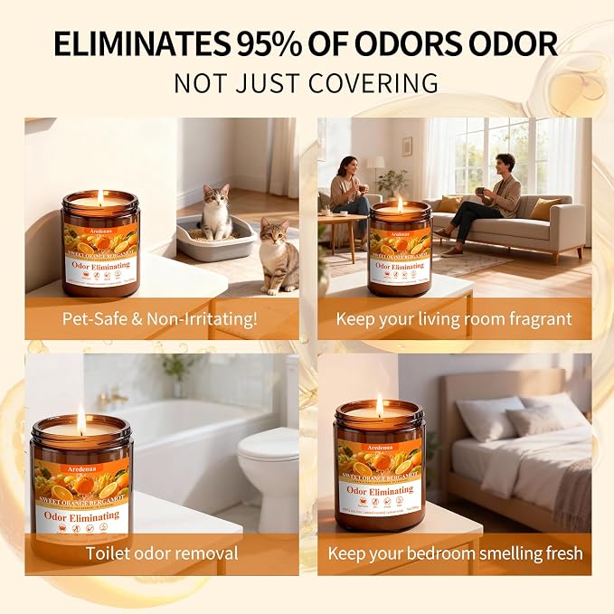 Sweet Orange Bergamot Odor Eliminating Candles | Eliminates 95% of Pet, Smoke, Food, and Other Smells Quickly | 7oz Soy Candle for Home Scented | Air Freshening Scented Candle for Positive & Relax