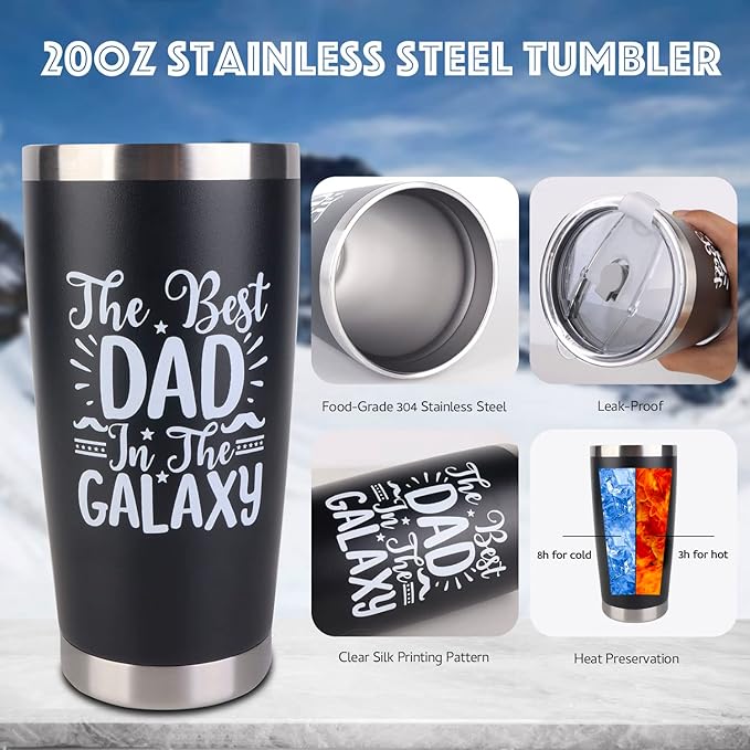 Dad Gifts, 8PCS Fathers Day Gift Includes 20oz Tumbler with Lid Straw Brush Socks Bracelet Key Chain Thanks Card Gift Box, Best Dad Ever Gifts from Daughter Son Kids for Christmas Birthday
