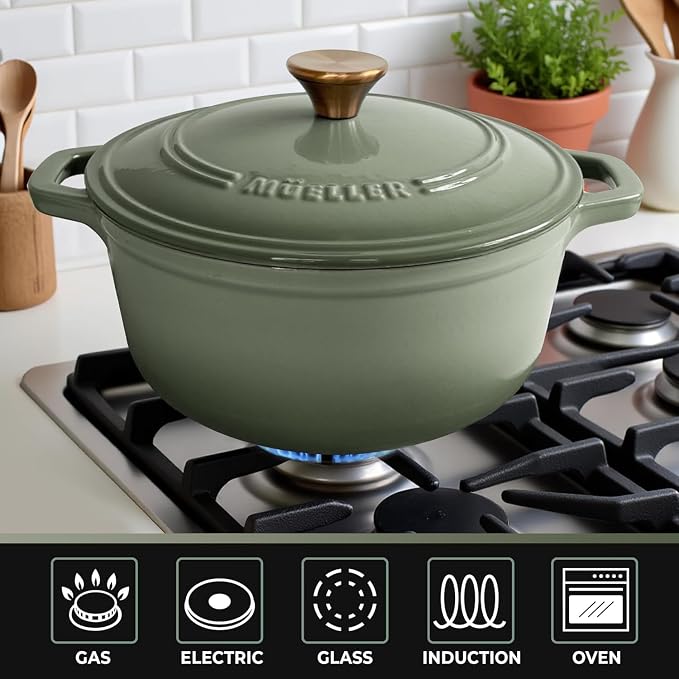 MUELLER HOME 7.5 Quart Enameled Cast Iron Dutch Oven For Sourdough Bread Baking, Heavy-Duty, Oven-Safe up to 500° F & Across All Cooktops, Casserole Dishes, Green Kitchen Accessories, Thyme Green | For Sourdough Bread Baking, Heavy-Duty, Oven-Safe up t...