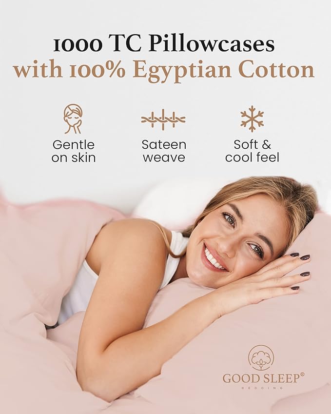 1000 TC Blush Standard Pillowcases Set of 2 100% Egyptian Cotton Pillow Cases with Long Staple Cotton & Sateen Weave, Silky Soft Hotel - Like Bed Pillow Covers for Comfy Sleeping, Snug Fit