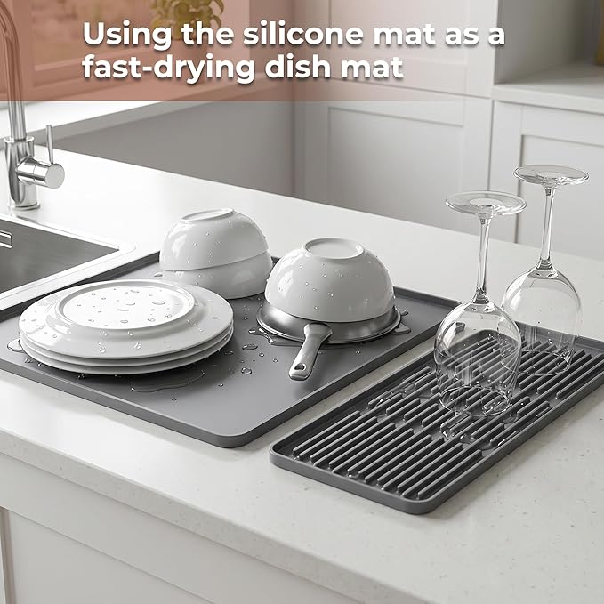 16×16-inch Silicone Coffee Mat for Espresso Machine - Heat Resistant, Waterproof Countertop Protector Pad with Raised Edges, Easy Clean Dish Drying Mat for Kitchen, Pet Food Mat (Grey)