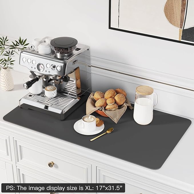 DK177 Coffee Mat - Dish Drying Mat for Kitchen Counter, Hide Stain, Absorbent with Waterproof Rubber Backing, Fit Kitchen Dish Rack Bar Accessories (Dark Gray, 24" x 16")