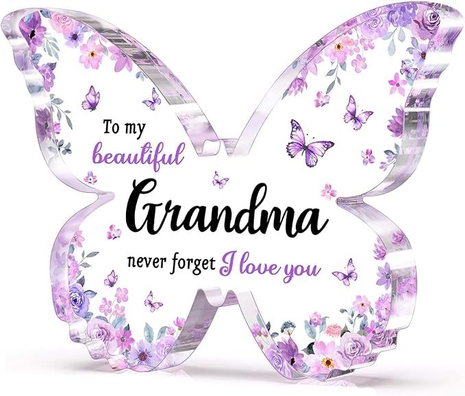 Gifts for Grandma, Grandma Birthday Gifts, Unique Purple Butterfly Acrylic Plaque Desk Decor, Mothers Day Christmas Grandparent Day Gift for Grandmother Nana - 5 x 3.8 x 0.5 inches