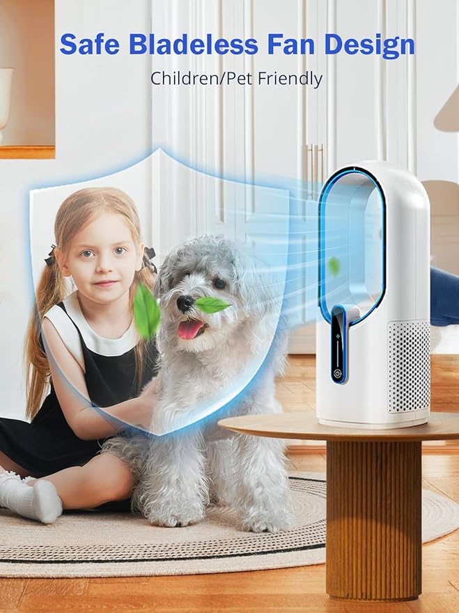 Misby Desk Fan, 11.8 Inch Portable Bladeless Fan, Small Rechargeable Table Fan with Battery, 3 Adjustable Speeds, Touch Control, Easy to Clean, Quiet Desktop Fan for Bedroom, Home, Office (White)