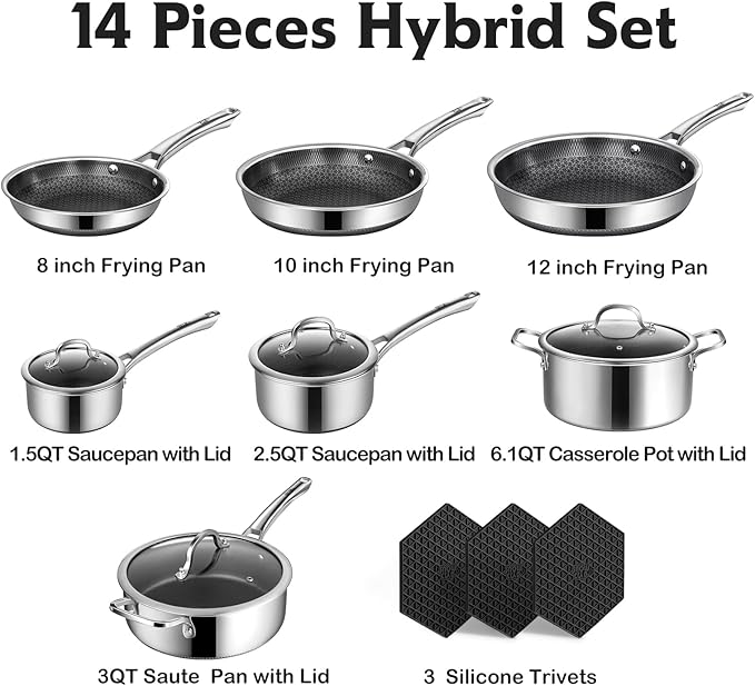 SNOWCLAD Pots and Pans Set Non Stick, 14 Pcs Hybrid Stainless Steel Cookware Sets, Non Stick Frying Pans, Saucepans, Saute Pan & Stock Pot, PFOA Free Kitchen Skillet,Induction Compatible