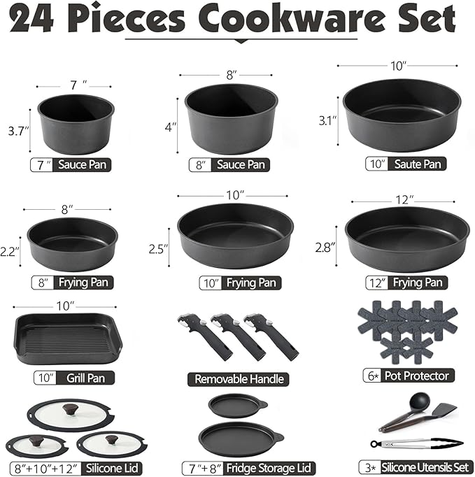 SENSARTE 24 Piece Pots and Pans Set, Nonstick Detachable Handle Cookware, Induction Kitchen Cookware Set with Removable Handle, Healthy Non Stick for RV, Dishwasher＆Oven Safe (Black)