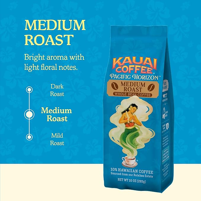 Kauai Whole Bean Coffee – Smooth, Non-Bitter Pure Arabica – Light Floral Notes & Bright Aroma – Grown on Hawaii's Largest Coffee Farm – Koloa Estate Medium Roast, 10oz (Pack of 4)