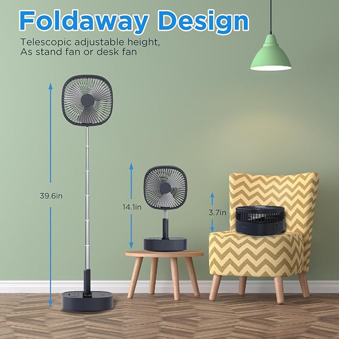 Magesh Portable Oscillating Pedestal Fan＆Remote, 120° Rotation, 3-In-1 Foldaway/Standing/Desk Fan, Anti-Slip 7200Mah Rechargeable, Telescopic 4 Speed Quiet Timer Fan Home Outdoor Travel (Dark Blue)