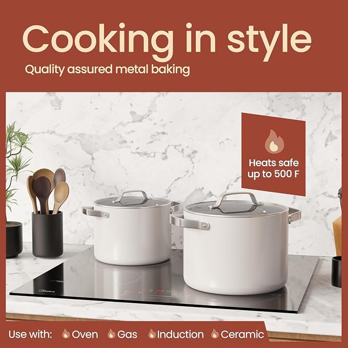 Bakken 5 Quart Ceramic Coated Stock Pot with Lid, Easy to Clean Nonstick Pot, Tempered Glass Lid, Riveted Stainless Steel Handles, Oven Safe Up To 500°F, PTFE & PFAS Free, All Stove Compatible, Cream