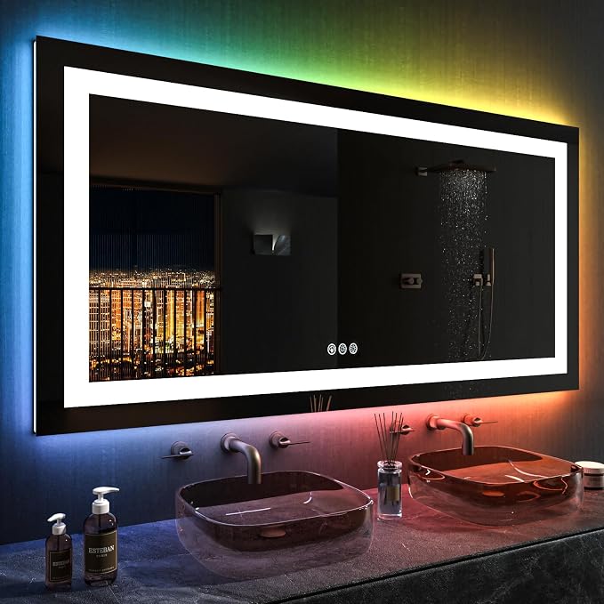 LOAAO 55"X30" RGB LED Bathroom Mirror with Lights, Anti-Fog, Dimmable, Lighted Bathroom Vanity Mirror, Multiple Light Modes, RGB Backlit + Front Light, Memory Function, Tempered Glass, ETL Listed