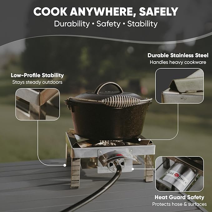 GasOne Stainless Steel Single Propane Burner - Outdoor Cooking with Heat Shield and Guard – Propane Burner Head for Camping, Tailgating, Seafood Boil, Home Brewing - Patented