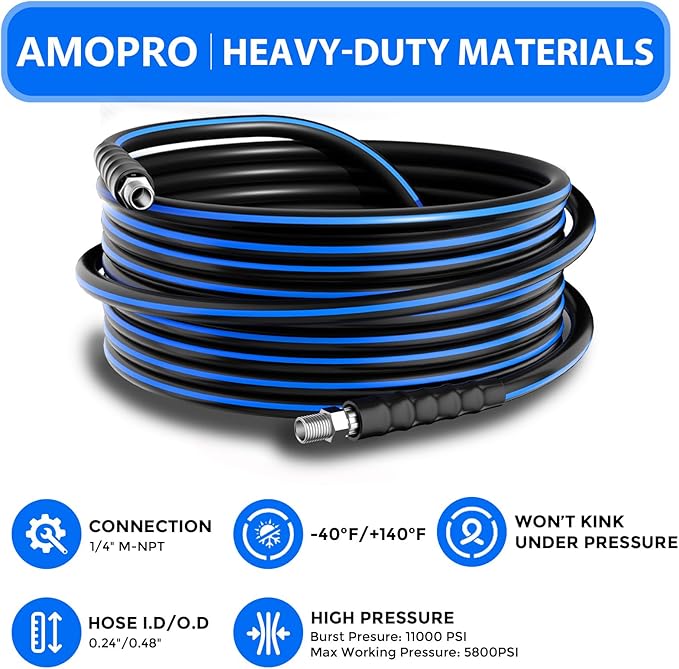 Sewer Jetter Kit for Pressure Washer, 5800PSI Drain Cleaner Hose 1/4 Inch NPT Corner Rotating and Button Nose Sewer Jetting Nozzle Spanner Watertight Tape Pearl Corsage Pin Handle Strap (100FT)