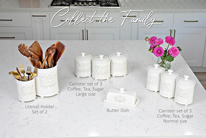 25DOL 25 Ounce Elegant Ceramic Kitchen Canisters Set of 3 - Engraved Coffee Tea Sugar Storage Containers with Feet for Added Style and Stability - Ceramic Jar with Airtight Lid