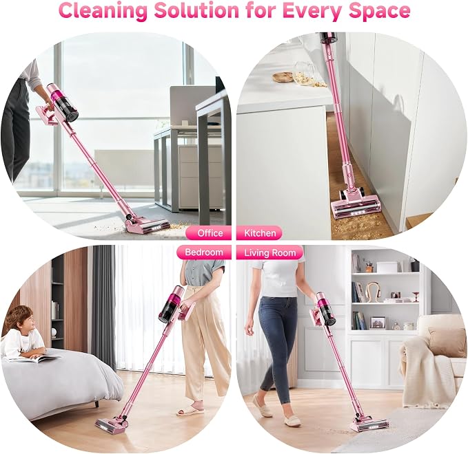 Cordless Vacuum Cleaner:Portable 6-in-1 Stick Vacuum with Anti-Tangle Brush | LED Headlight, Self-Standing, HD Display, Rechargeable Vacuum for Pet Hair, Low-Pile Carpet and Hardwood Floor-Dark Pink